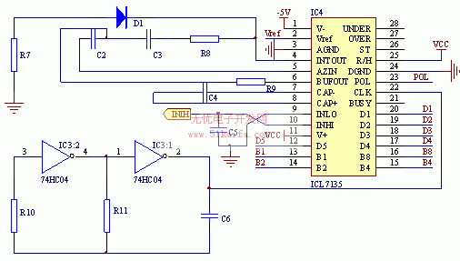 mc1403同时为icl7135提供基准电压源. 1.3  a /d 转换电路